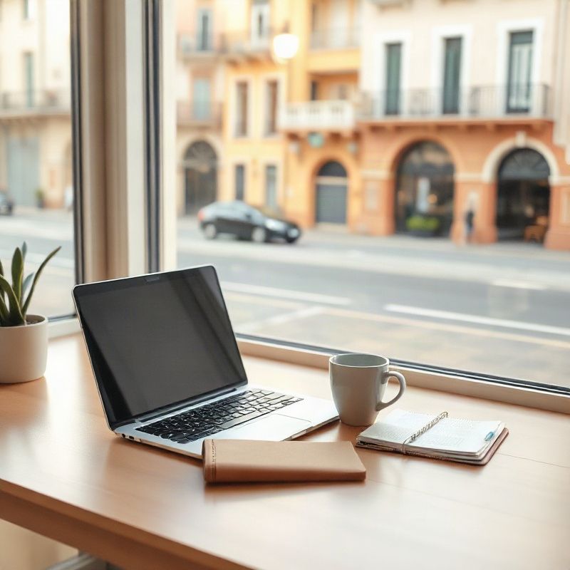 Escritorio con laptop, libreta y taza de café frente a una ventana en Punta del Este