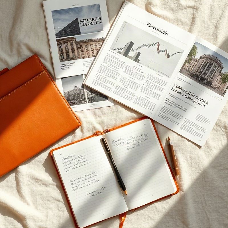 Artículos económicos impresos y un cuaderno con anotaciones sobre lino color crema