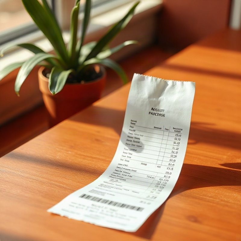 Recibo de sueldo y ticket de supermercado sobre una superficie de madera