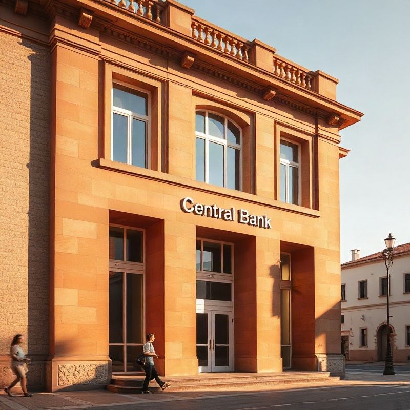 Fachada de un edificio de banco central en piedra terracota bajo luz cálida